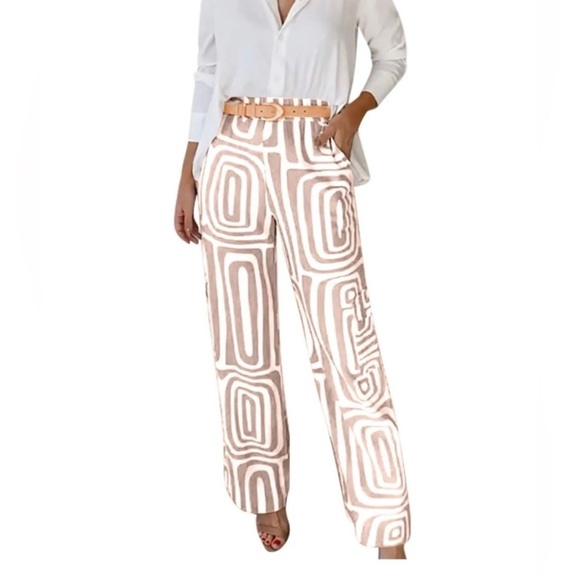 Women’s Flowy Palazzo Pants Sz M Tan And White Geometric Pattern With Pockets - Picture 1 of 12